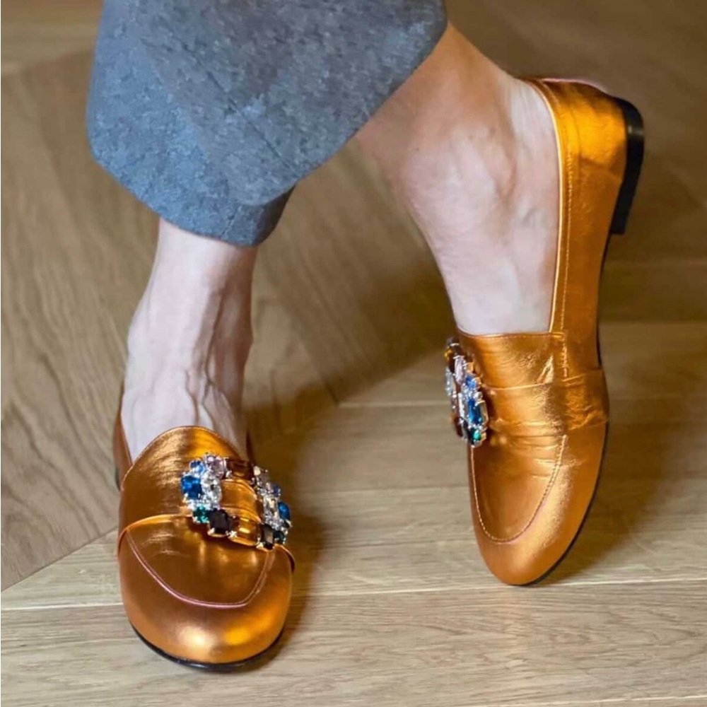 NIB ChiMar Metallic Orange Crystal Loafers